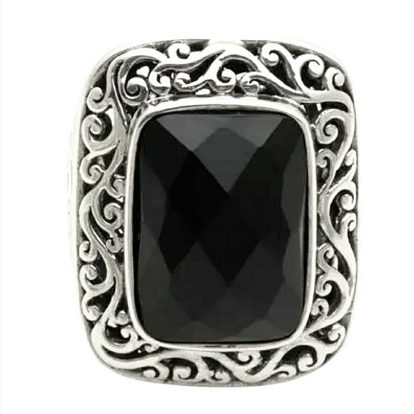 STERLING SILVER LARGE FACETED ONYX ORNATE RING - Picture 4 of 6